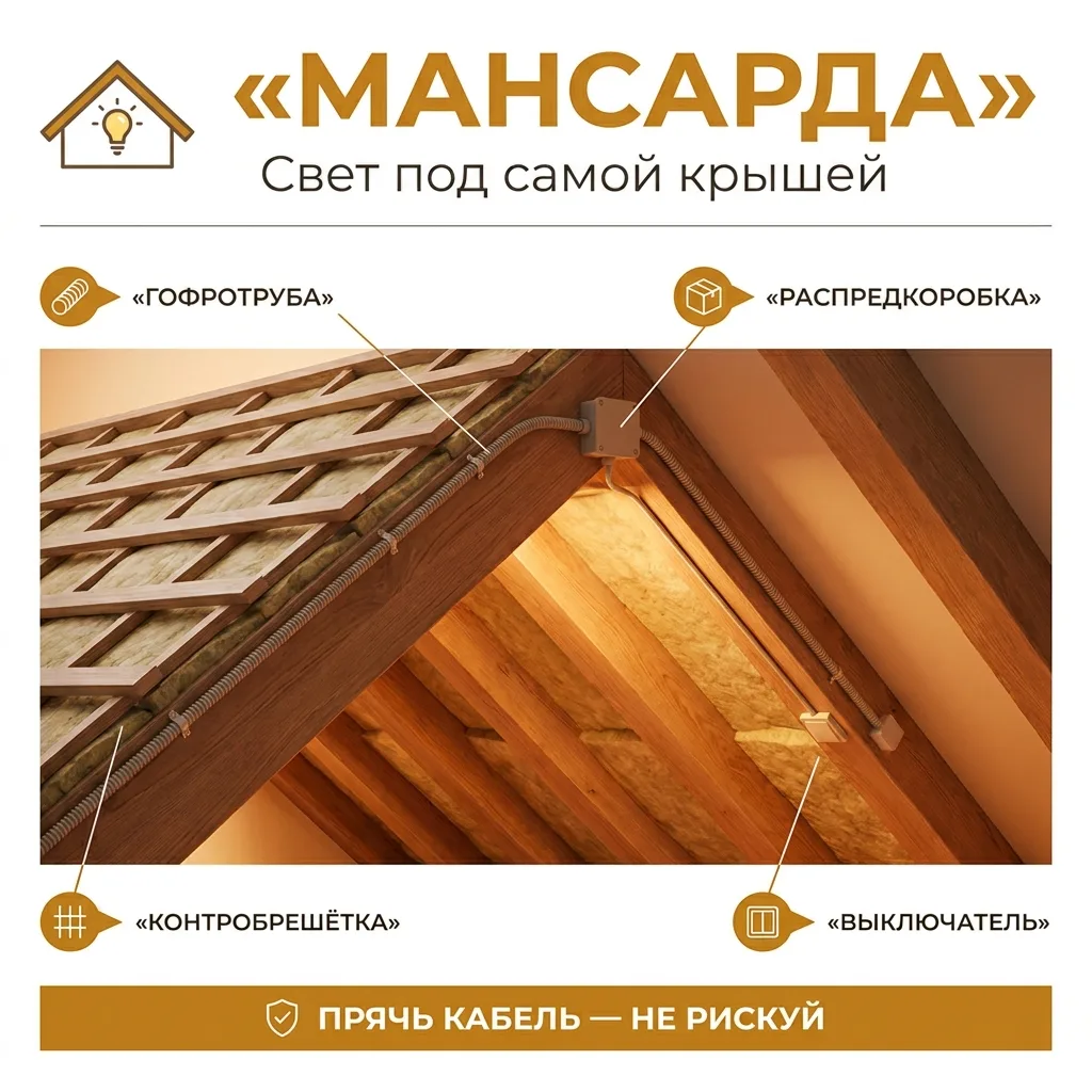 🔗 Свет в мансарде: особенности проводки по скатам крыши