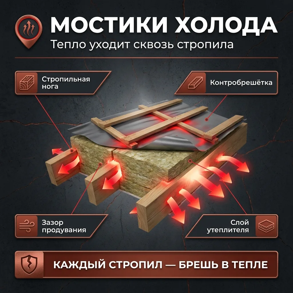 🧱 Утепление между стропил: где теряется толщина из-за мостиков холода