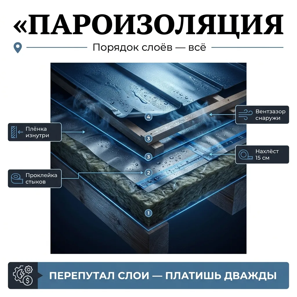 🌬️ Пароизоляция кровли: почему порядок слоёв решает всё, а не марка плёнки за три цены