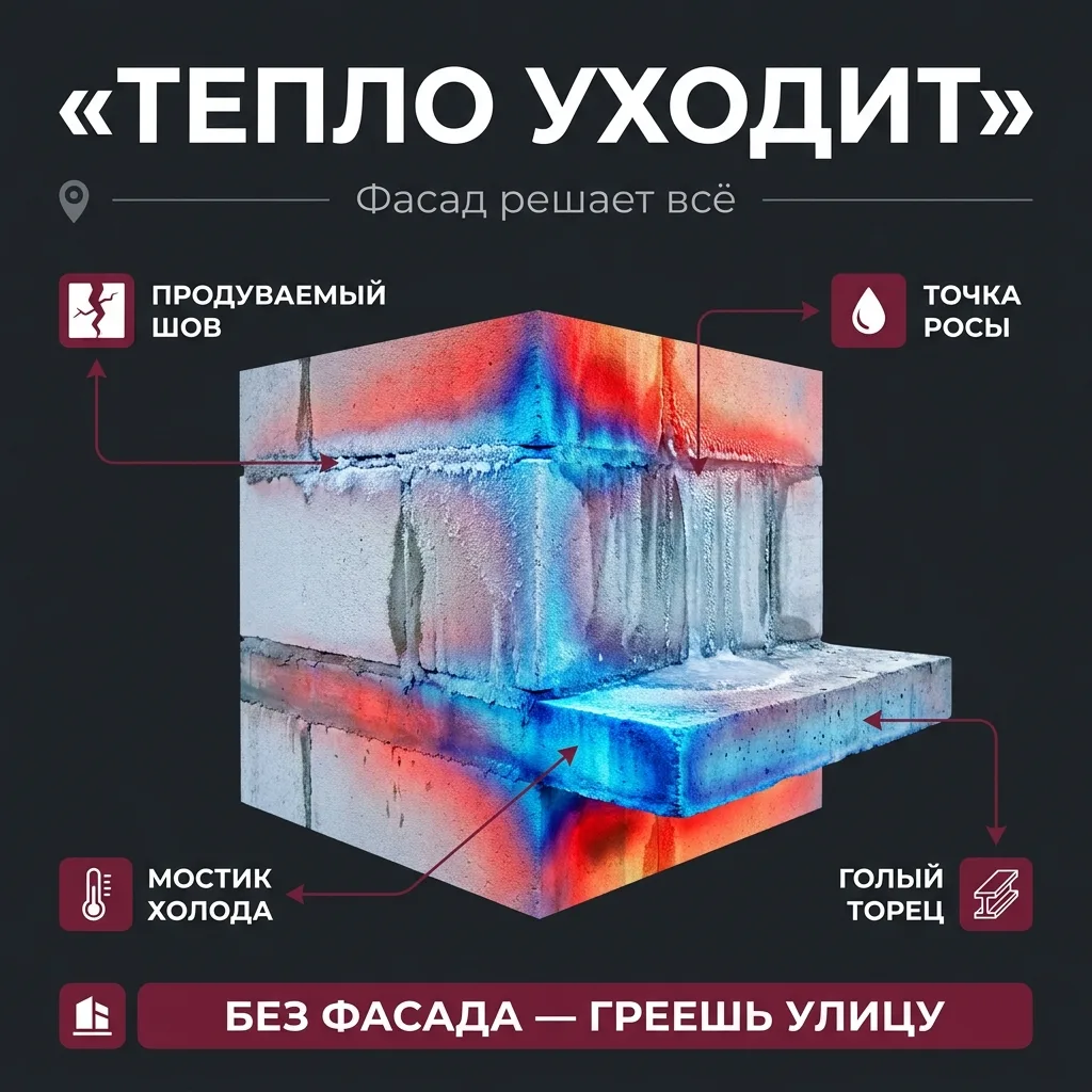 🌬️ Фасад меняет тепловую работу стены: где теряется тепло без этого шага