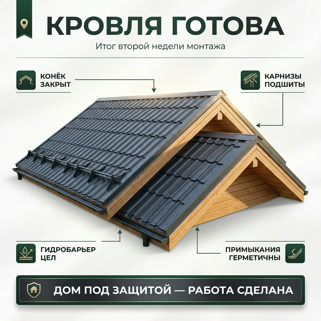 🧭 Итог второй недели: от стропил к готовой кровле — что должно быть закрыто