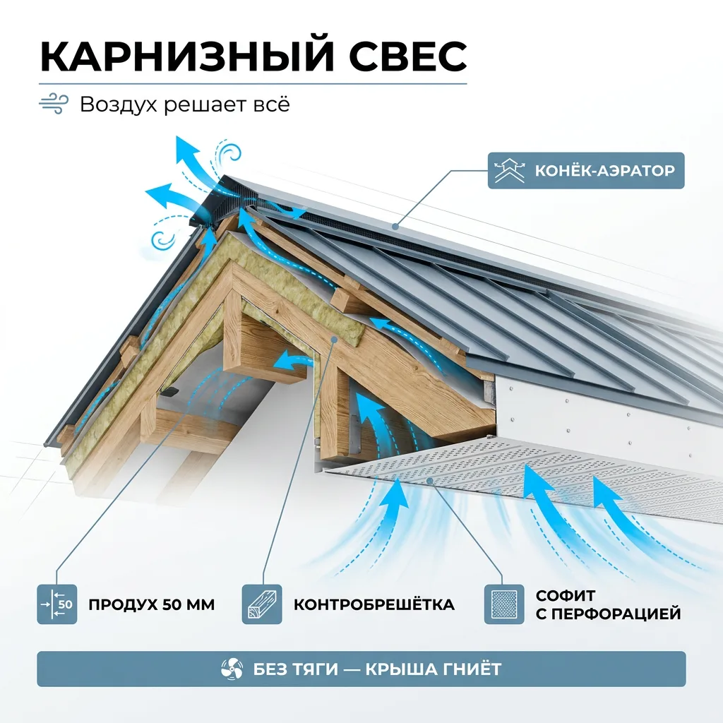 🌬️ Карнизный свес и вентиляция кровли: как они работают вместе