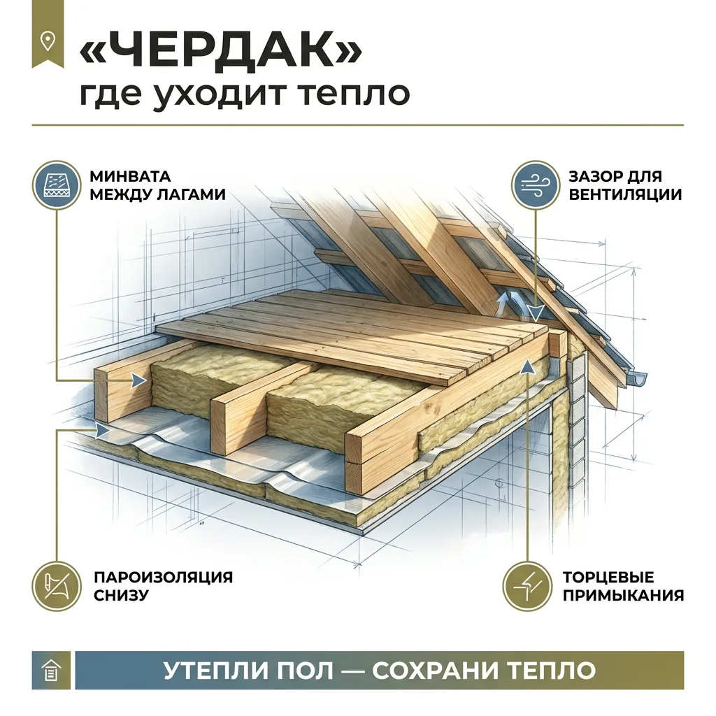 🧭 Утепление чердачного перекрытия: куда улетает тепло, если крыша холодная