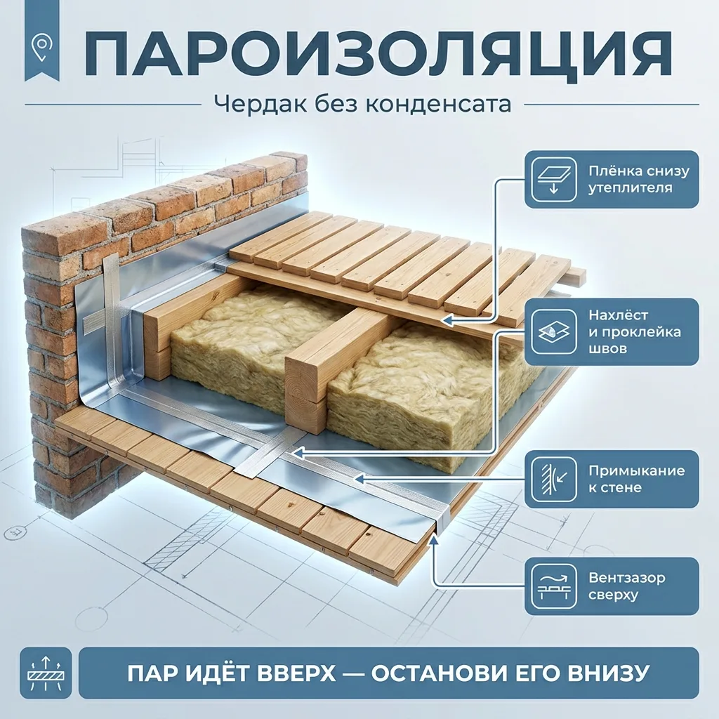 🧱 Пароизоляция чердачного перекрытия: тот же принцип, что и в крыше