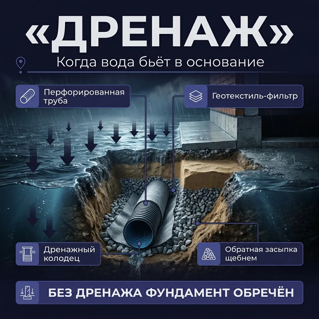 🧭 Дренаж участка: когда без него фундамент и отмостка не справятся