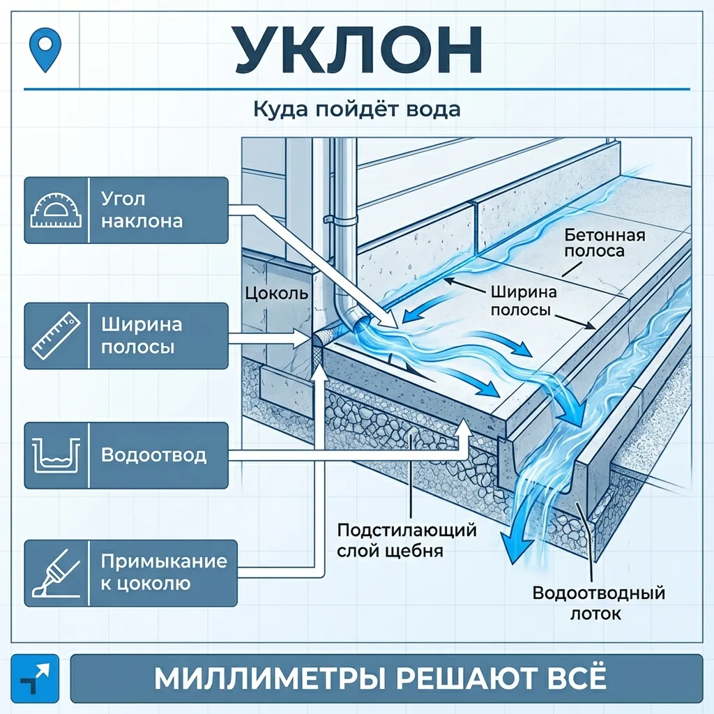 📐 Уклон отмостки: миллиметры, которые решают, куда пойдёт вода