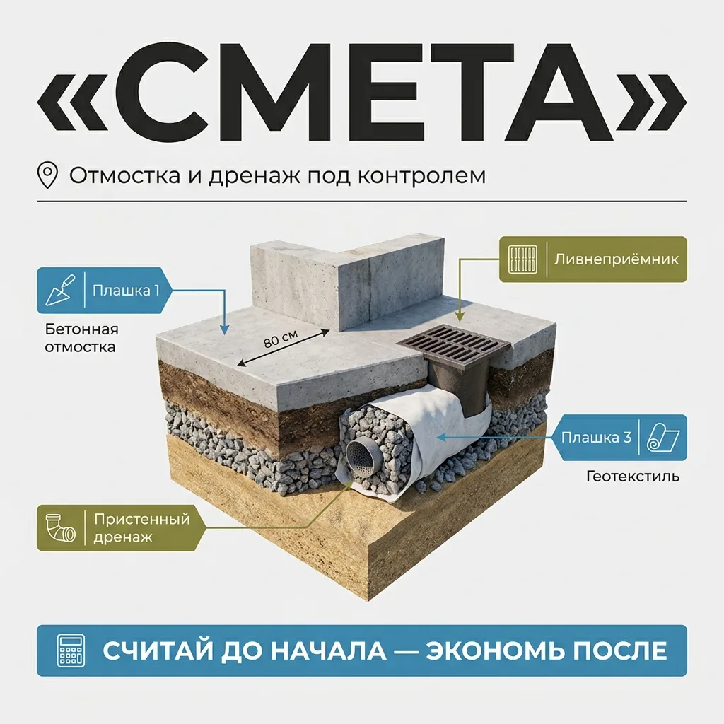 📊 Смета на отмостку и дренаж для дома 100 м²: сколько реально стоит спасти фундамент