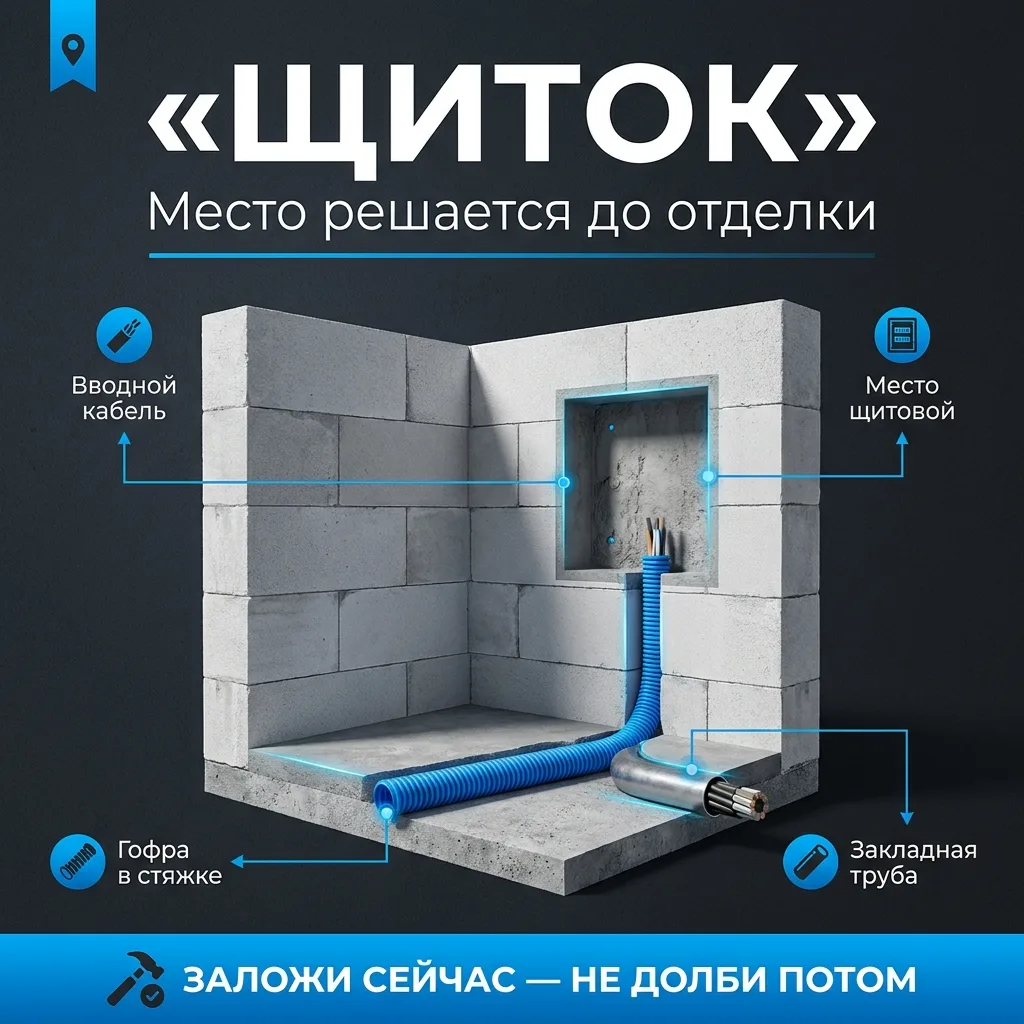 🧭 Электрика: где закладывают щиток и вводной кабель, пока крыша закрылась
