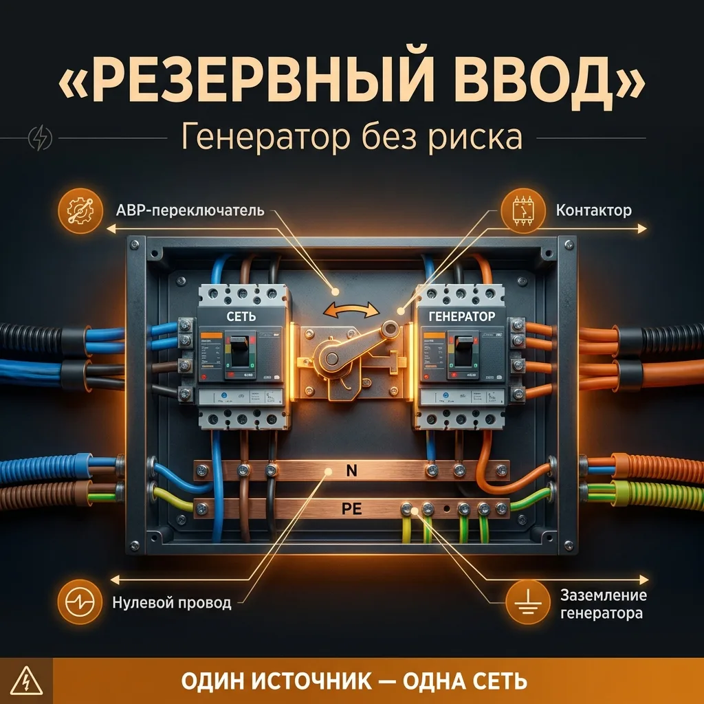🛢️ Резервный ввод от генератора: как подключить, чтобы не спалить генератор, дом и электрика из ЛЭП