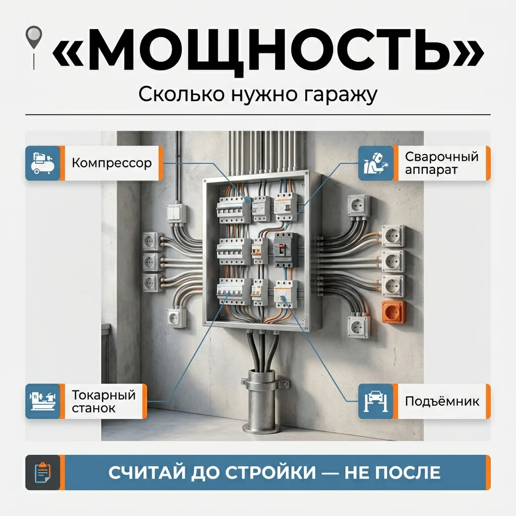 🚗 Гараж и мастерская: сколько мощности закладывать под инструмент, чтобы не сидеть в темноте с выбитым автоматом