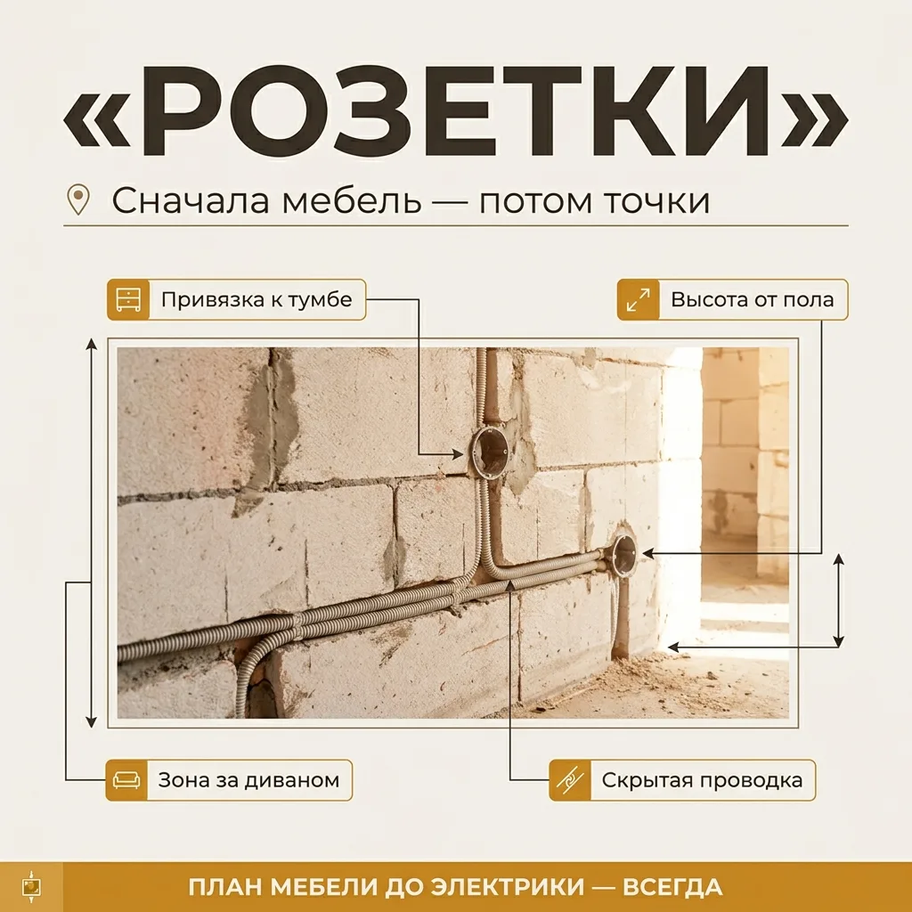 🔌 План розеток по мебели: почему рисуют без расстановки — и жалеют