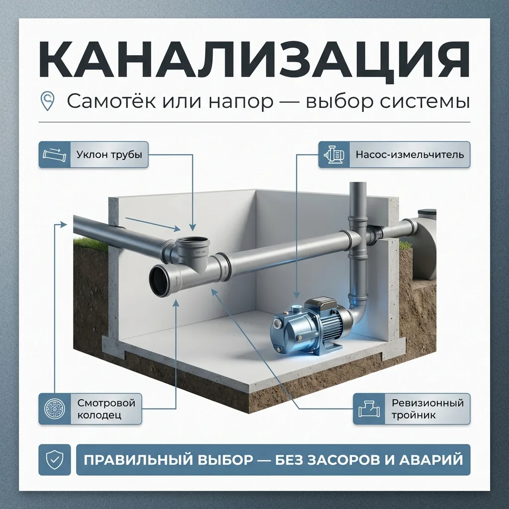 🚽 Канализация в доме: самотёк или напорная — почему один уклон в 2 см решает всё