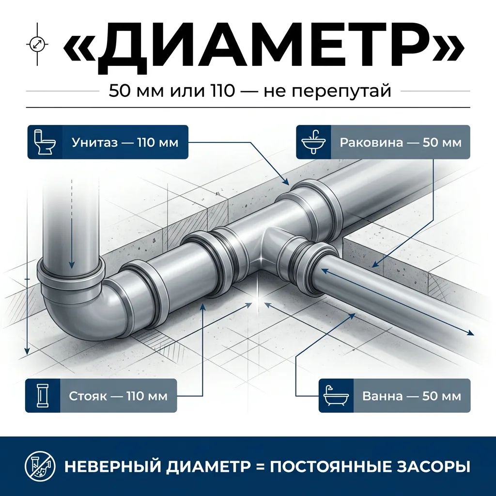 🕳️ Диаметр труб канализации: 50 или 110 мм — где что должно стоять