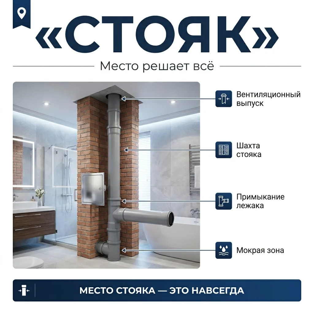 🏢 Канализационный стояк: где ставить, чтобы через год не долбить стену под гипсокартоном
