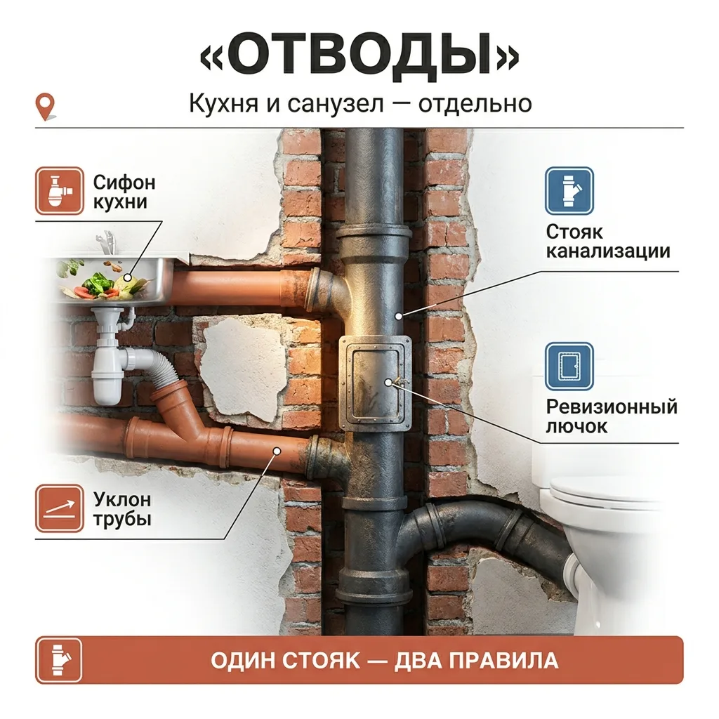 🪠 Отвод от кухни и санузла: почему их нельзя объединять как попало