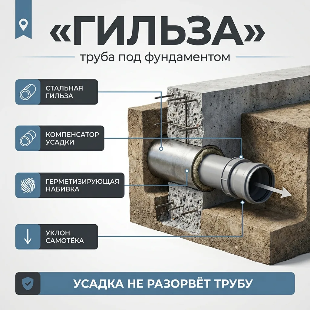 🚰 Канализационная труба под фундаментом: гильза и компенсация усадки