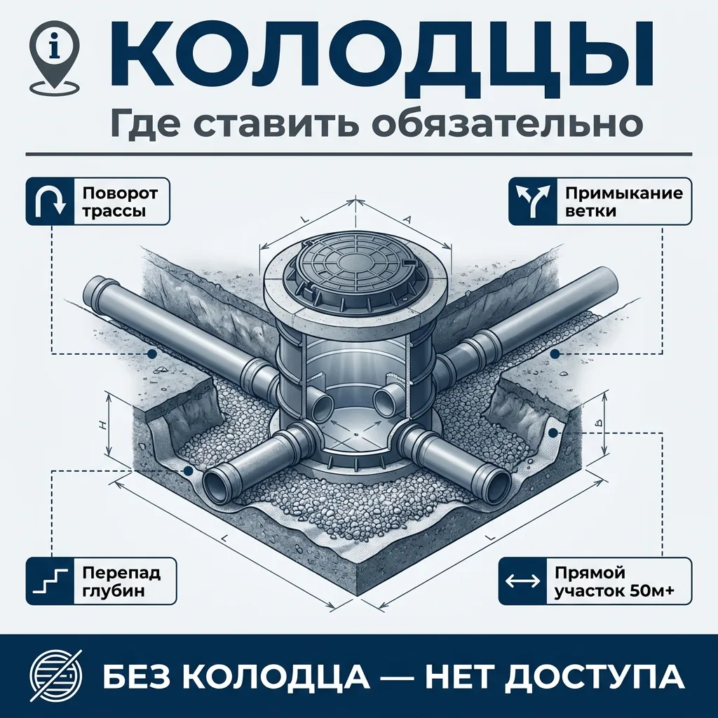 🪣 Смотровые колодцы на трассе канализации: где ставить обязательно