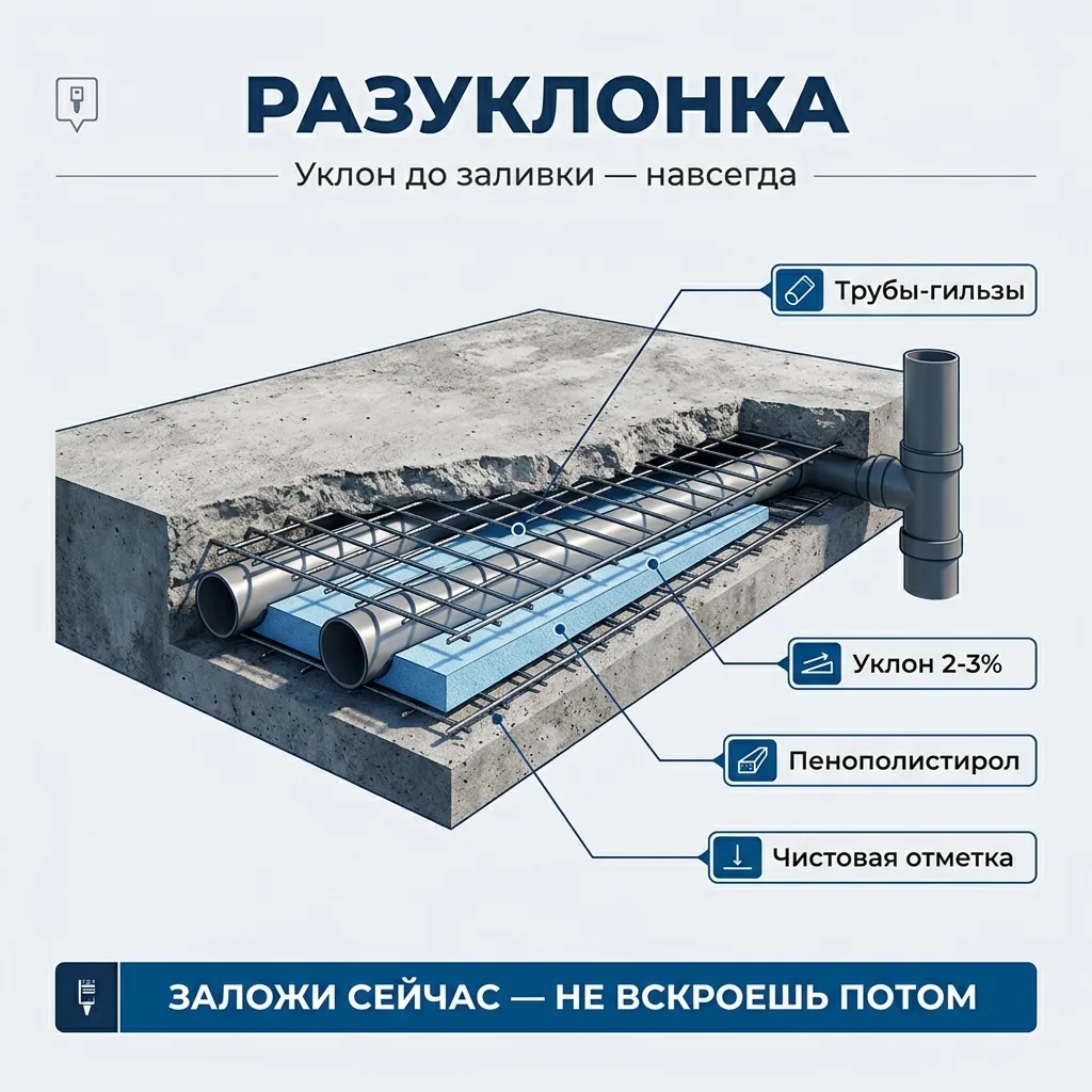 📐 Разуклонка канализации в плите: закладка перед заливкой пола