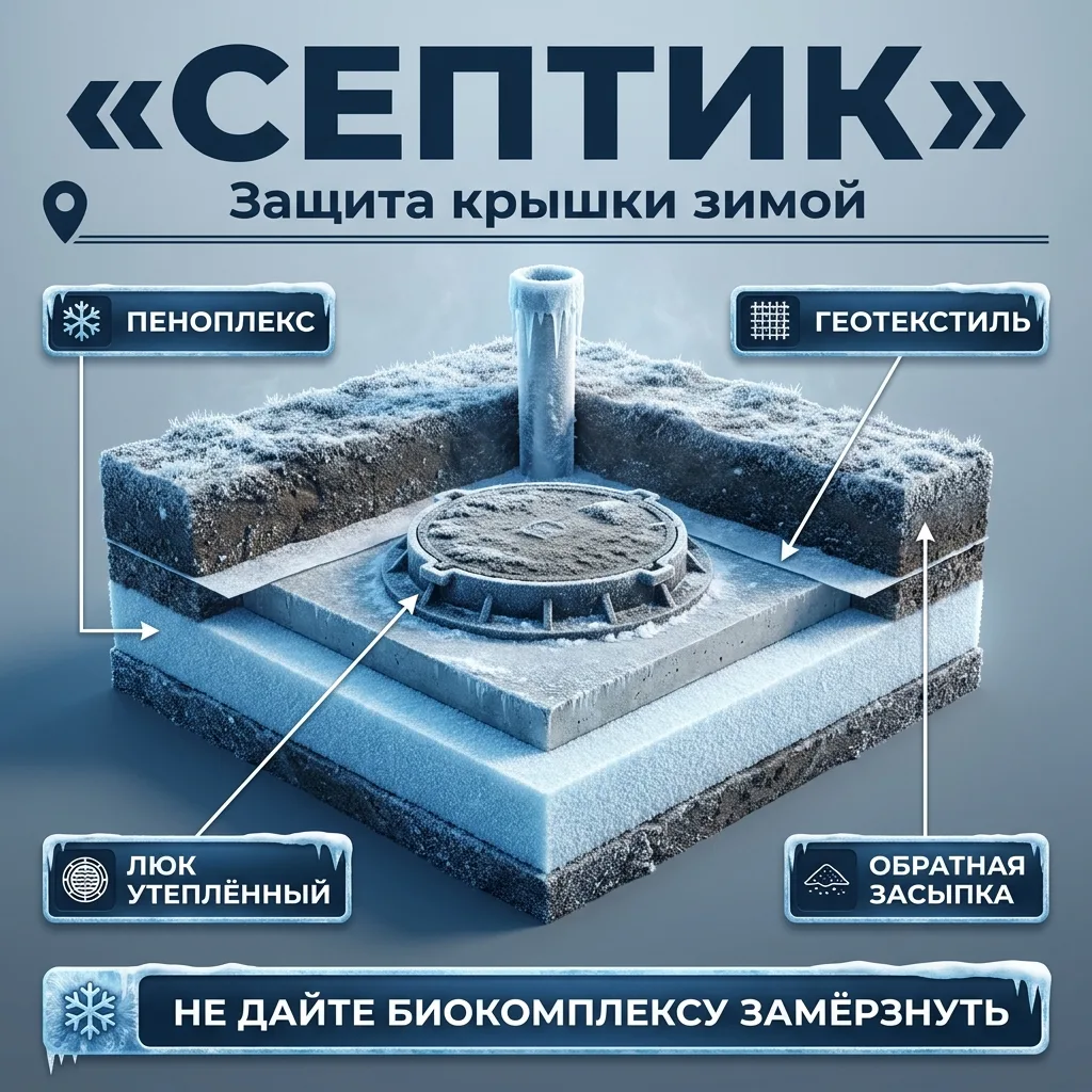 🕳️ Утепление крышки септика: почему зимой встаёт биокомплекс и как не остаться без канализации в мороз