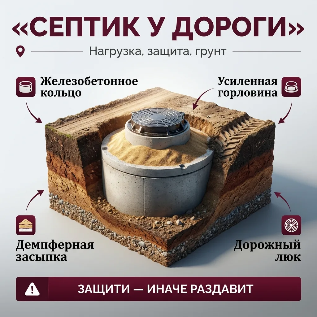 🗄️ Септик рядом с дорогой: почему техника продавливает горловину и как этого не допустить