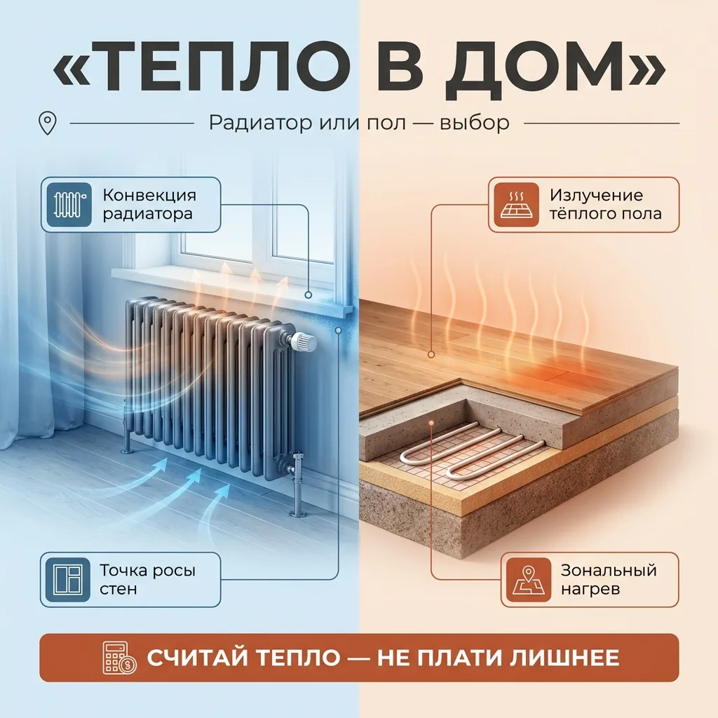 ♨️ Радиаторы или тёплый пол в доме 100 м²: за что реально платишь и что теплее