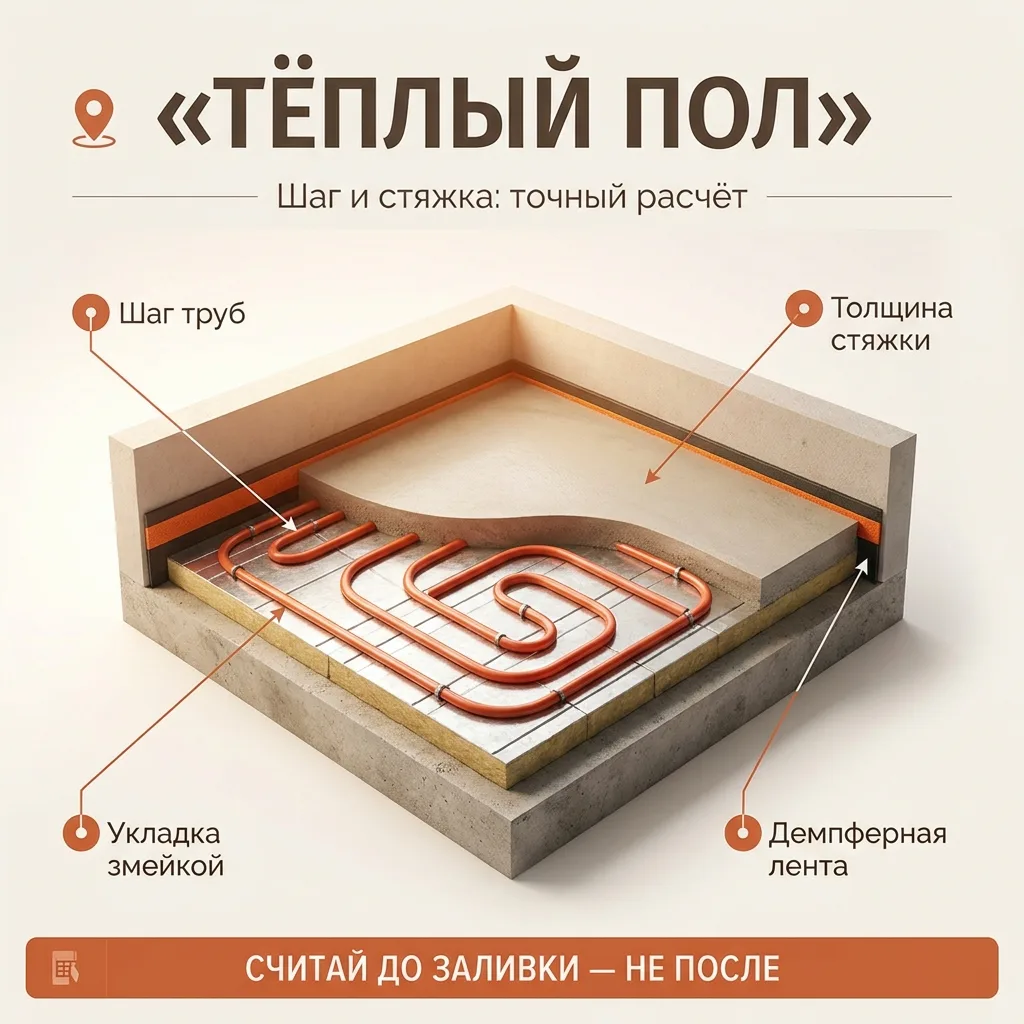 🚰 Тёплый водяной пол: шаг трубы и толщина стяжки — где люди сливают тепло и деньги