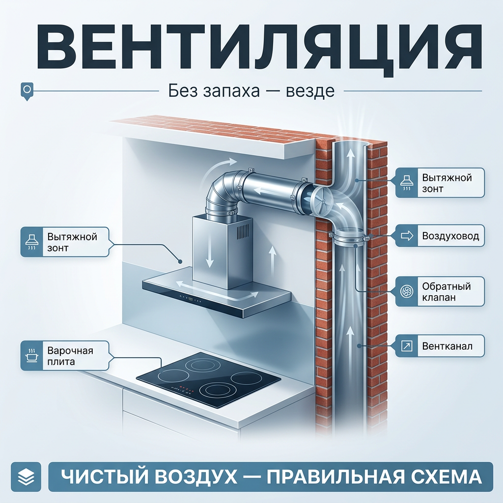 😷 Вентиляция кухни и вытяжка над плитой: почему запах жареной рыбы гуляет по всему дому