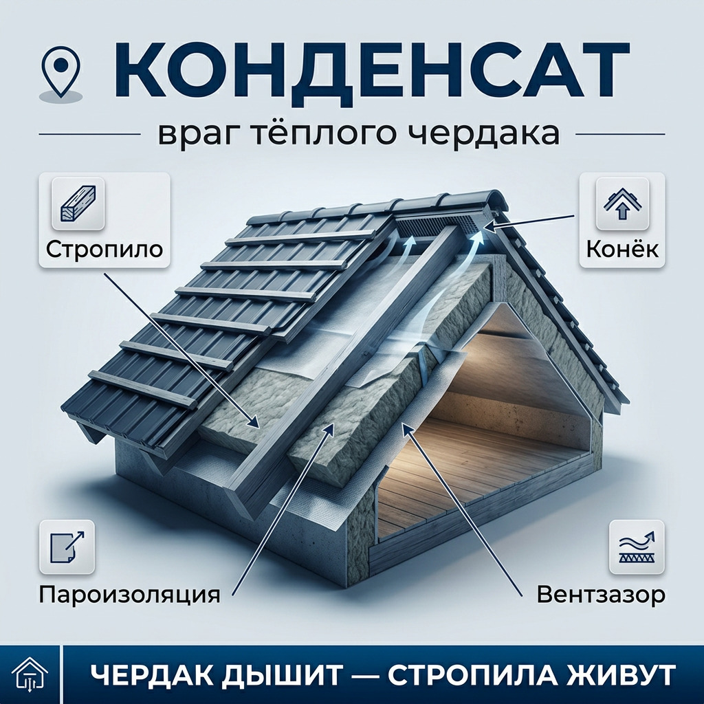 📟 Вентиляция и тёплый чердак: как избежать конденсата на стропилах